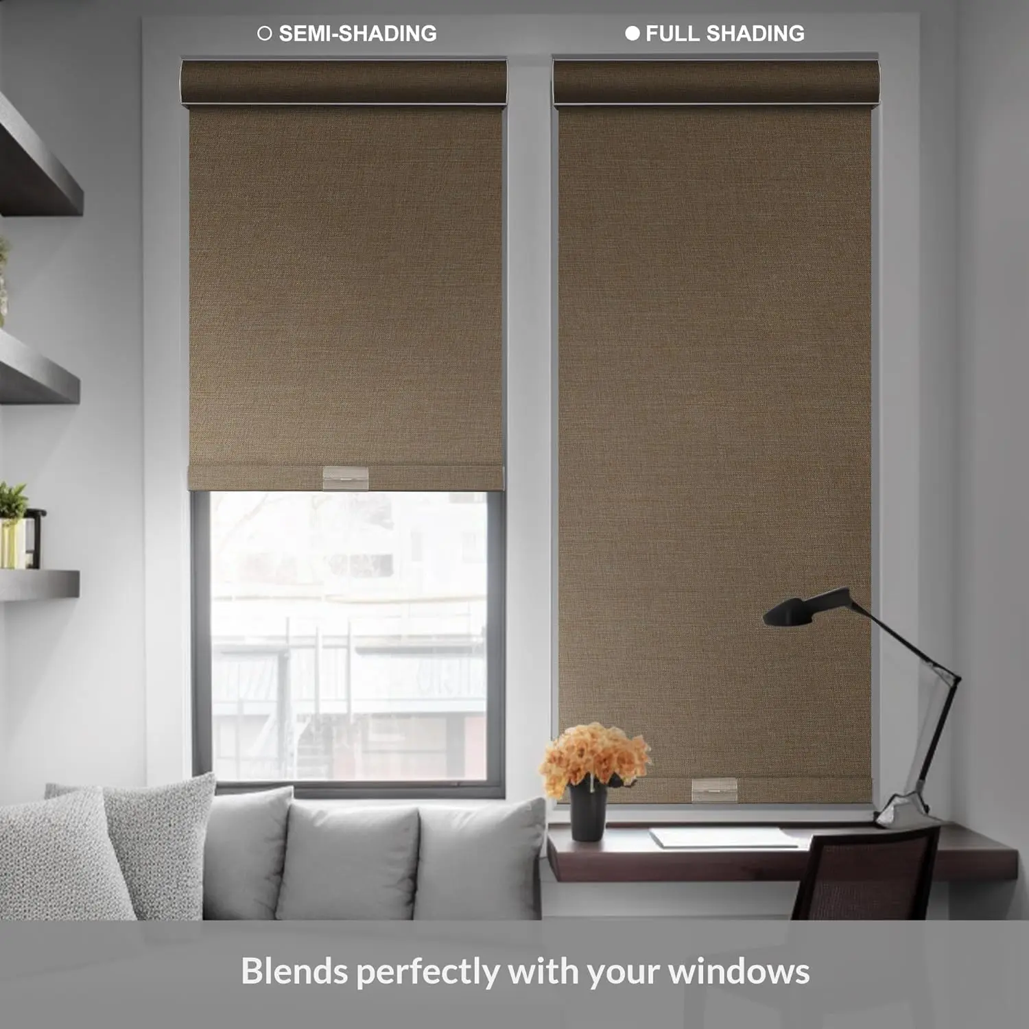Cordless Interlaced Weave Linen Blackout Roller Shade - Indoor Use Black-Out Blinds, Neutral-Tone Light-Absorbing Blinds, Thermal Insulated, UV Protection, Window Heat Blocker, Pull-Down Cover for Minimalist Bedroom/Office (Multi-Size Single Shade)