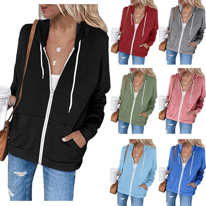 Women's Solid Color Fleece Lined Zip Up Hoodie| Casual Long Sleeve Jacket with Kangaroo Pocket Winter Outerwear