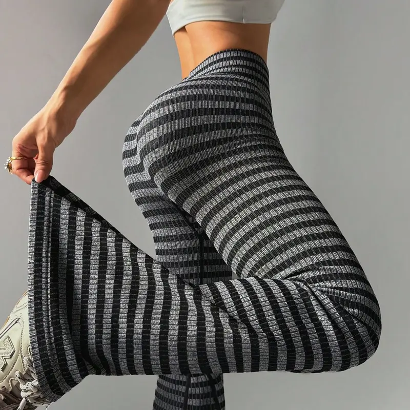 Women's Striped Ribbed Knit Yoga Flare Pants, High-Waist Butt-Lifting Slim-Fit Fitness Leggings, Sporty Casual Workout Fitness Wear for All Seasons