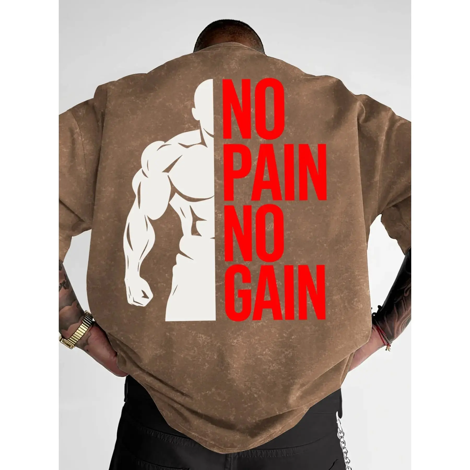 Men's Washed Vintage Gym T-Shirt, "No Pain No Gain" Fitness Graphic Print Oversized Tee, Workout Streetwear Casual Top, Casual Sport Shirt # GymTee # WorkoutShirt # NoPainNoGain # FitnessStreetwear # TikTokMadeMeBuyIt