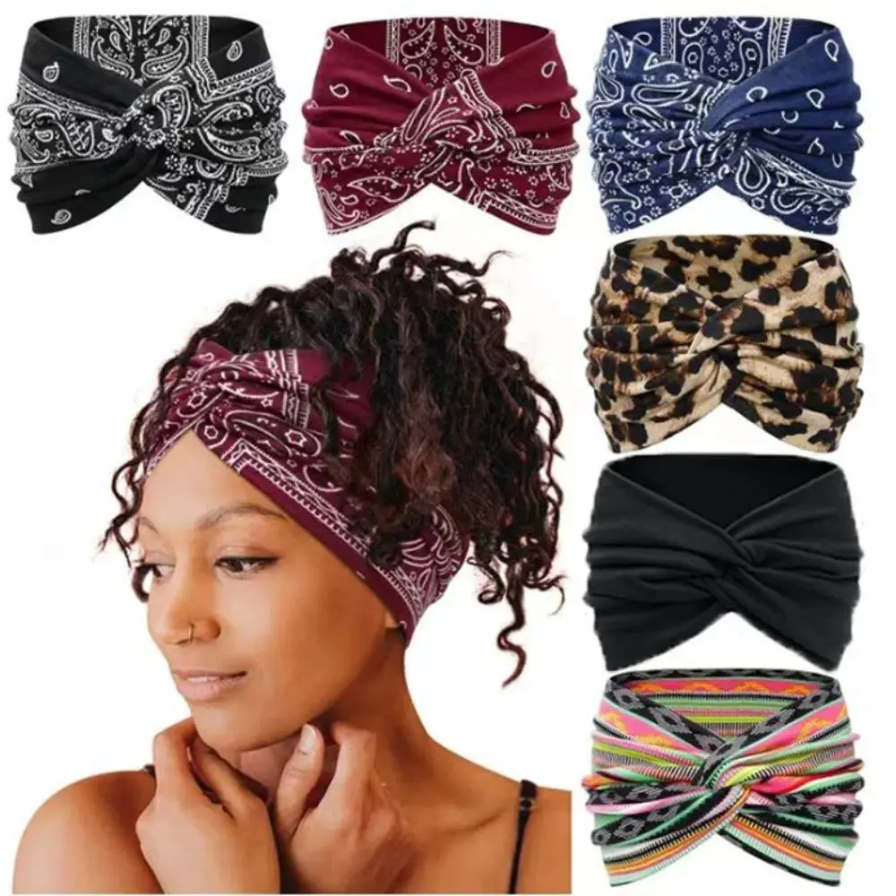 6‑Pack 18cm Wider Cotton Headbands for Women, Boho Floral Curly Training Headbands, Stretchy Elastic Bandana‑Style Hair Accessory, Breathable Comfortable, Perfect for Sports Workouts, Camping, Hiking and Daily Hairstyling