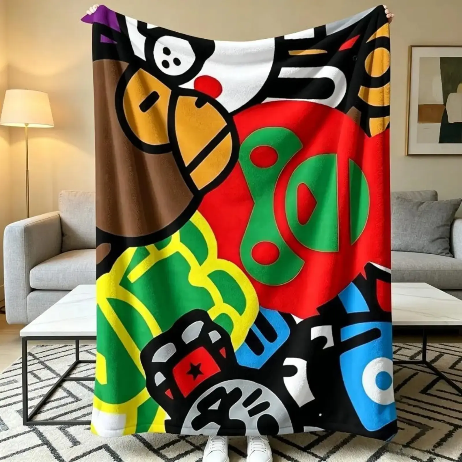 Colorful Patchwork Flannel BlanketStreetwear Cool Character Design, SoftThrow Blanket for Sofa Bed, Camping, OfficeNap, Streetwear Gamer Gift