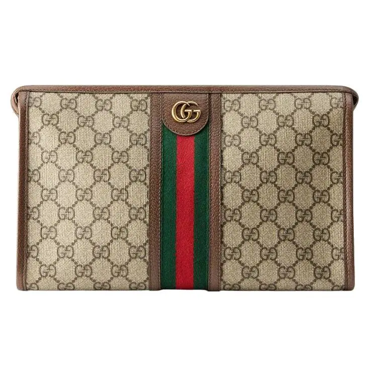 Gucci Ophidia Distressed GG Monogram Stripe Canvas and Leather Toiletry Clutch Bag for Men in Ebony Brown