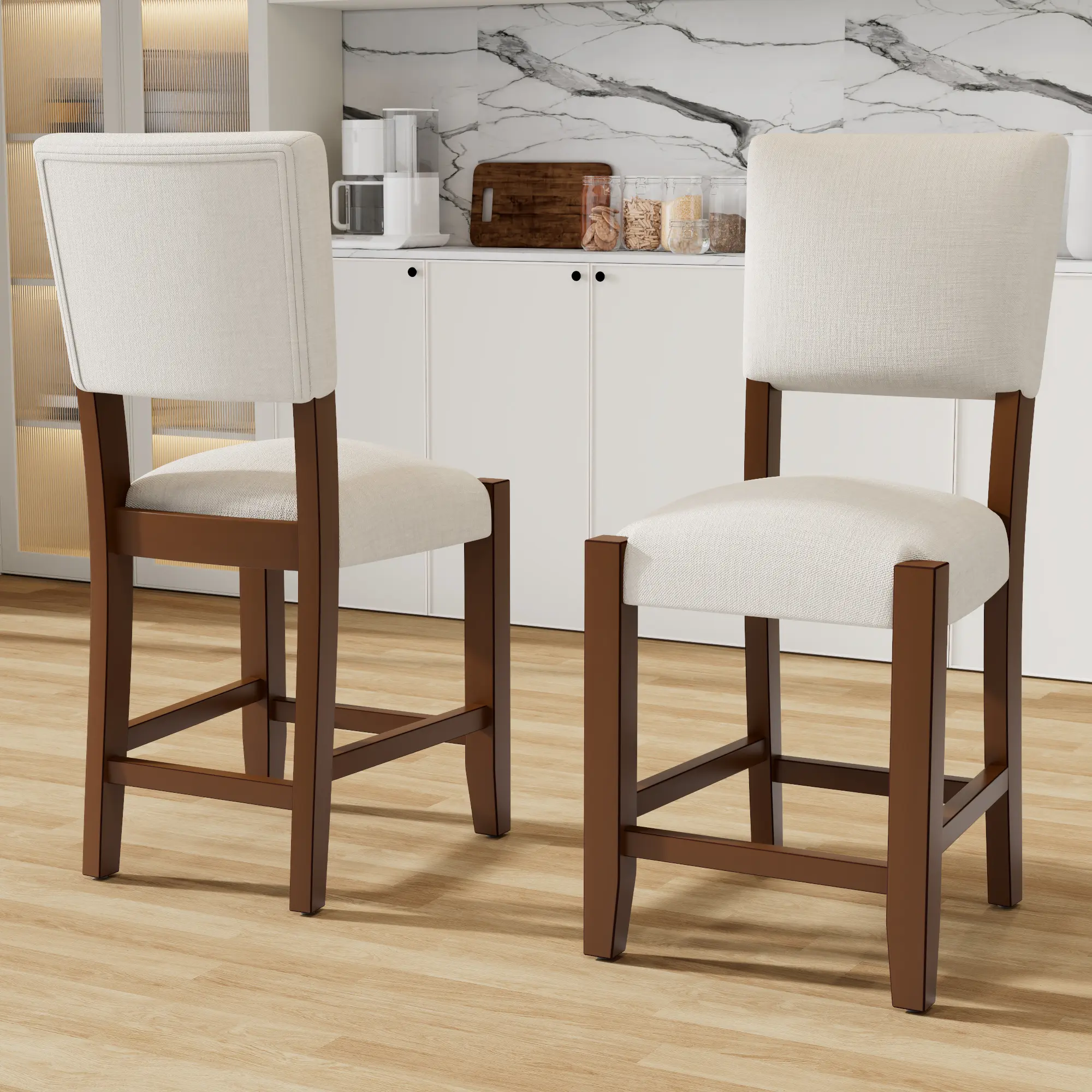 ARCH Mid Century Modern Bar Stools Set of 2, 40.4" Counter Stools with Back, Linen Upholstered Barstools with Solid Wood Legs, Beige Bar Chairs for Kitchen Island Dining Room, Dining Room Chairs for Kitchen, Dining Room, Living Room