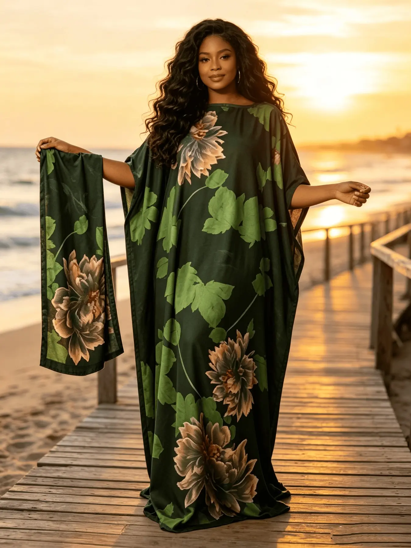 Vintage Oversized Peony Flower & Green Leaf Print Loose Satin Kaftan Dress, Smooth Luxury Home Sleepwear Night Robe, Oversized Floor Flowy Tunic, Elegant Seaside Boardwalk Evening Outfit With Coordinating Head Wrap, Suitable For Plus Size Ladies