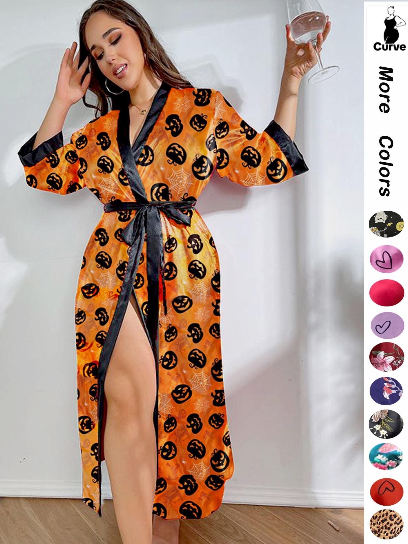 Plus Size Halloween Pumpkin Skull Print Belted Contrast Binding Wrap Robe, Elegant Soft Comfy V Neck Long Lounge Robe, Women's Sleepwear, Lady Summer Outfits 2024