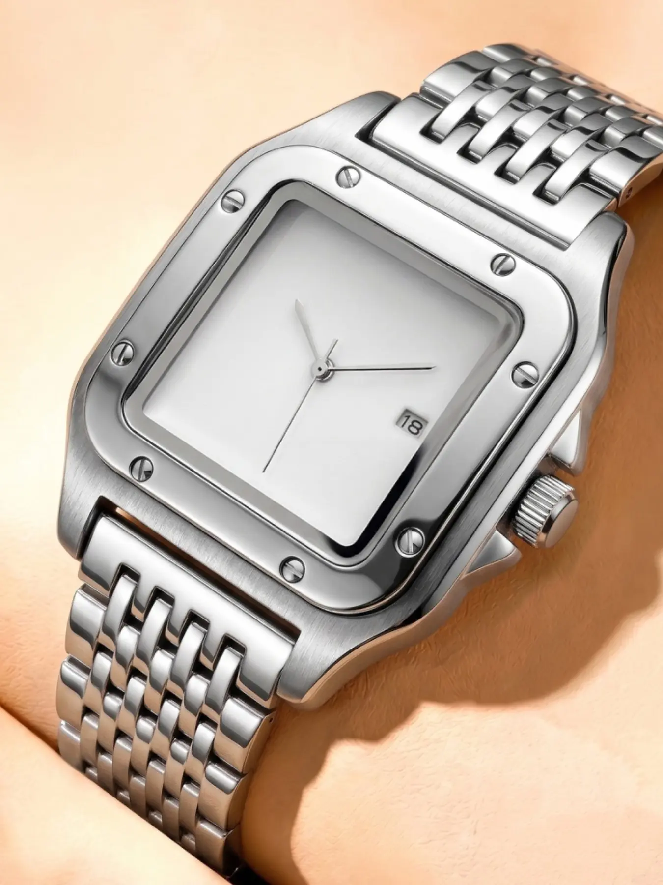Classic Square Men's Quartz Watch, Santos Design, Stainless Steel Strap, Calendar, Waterproof, Casual Business, Luxury Men's Watch