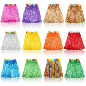 Hajoyful Grass Skirt Hawaiian Luau Hula Skirts Party Decorations Favors Supplies Grass Skirts for Kids Elastic Hibiscus Flowers Tropical Hula Skirt for Party, Birthday, Celebration 12Pack