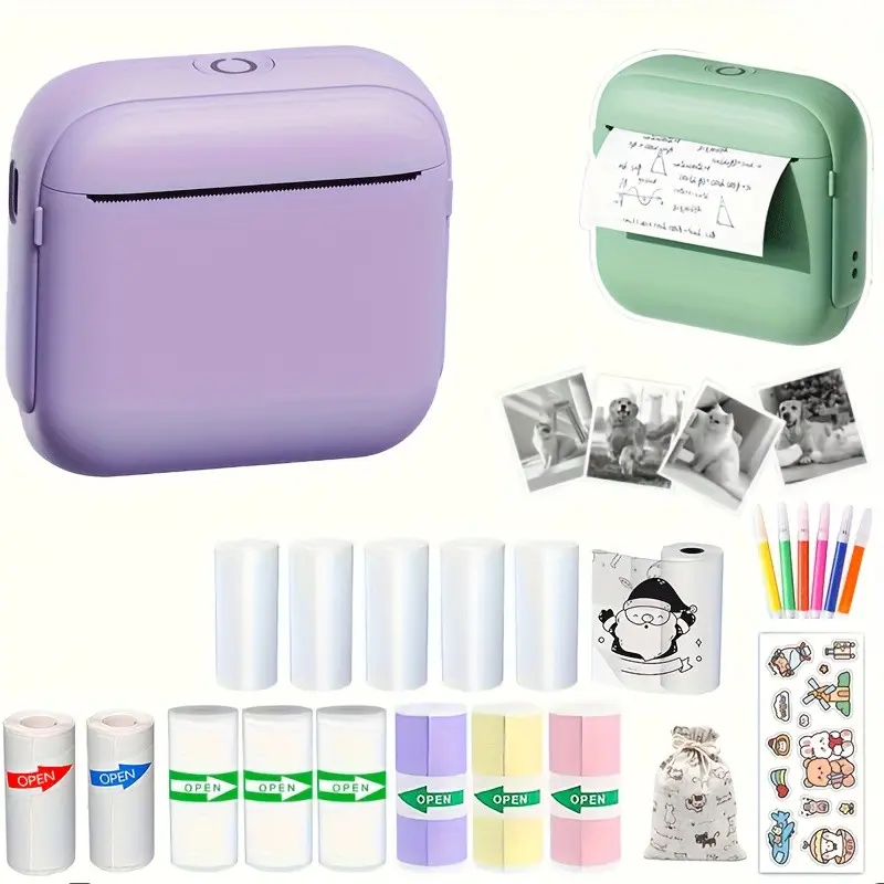 Portable Thermal Mini Printer, Thermal Wireless Printer, Bluetooth-compatible Connection, USB Charging, Instant Print, Includes Paper Rolls and Pen Pouch, Ideal for Work and Life