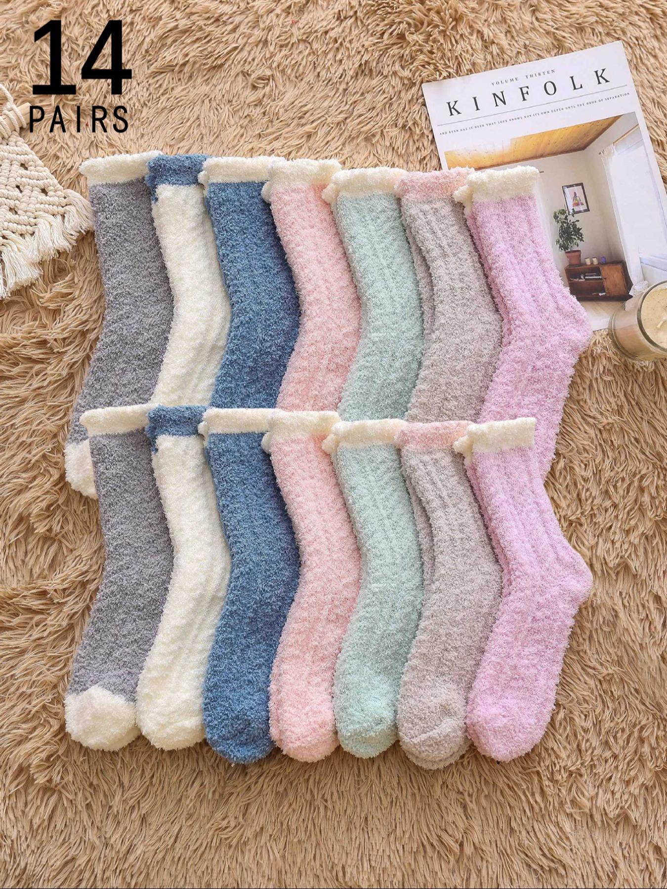 Women's Colorblock Fuzzy Fitted Crew Socks, Soft Comfy Warm Elegance Chic Mid-calf Socks for Fall & Winter, Polyester Women's Socks for Daily Wear, Cold Weather Gear Womenswear Lady