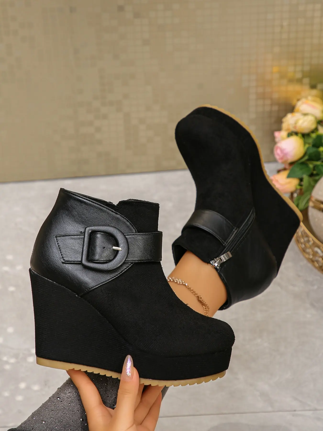 British Style Buckle Heel Anklet Boots, Thick Sole Waterproof Platform Short Boots, Convenient Side Zip Commuter Women's Shoes, Patched Thick Sole Heel Short Boots, Metal Buckle Anklet Women's Boots, Daily Wear Height Boosting Boots