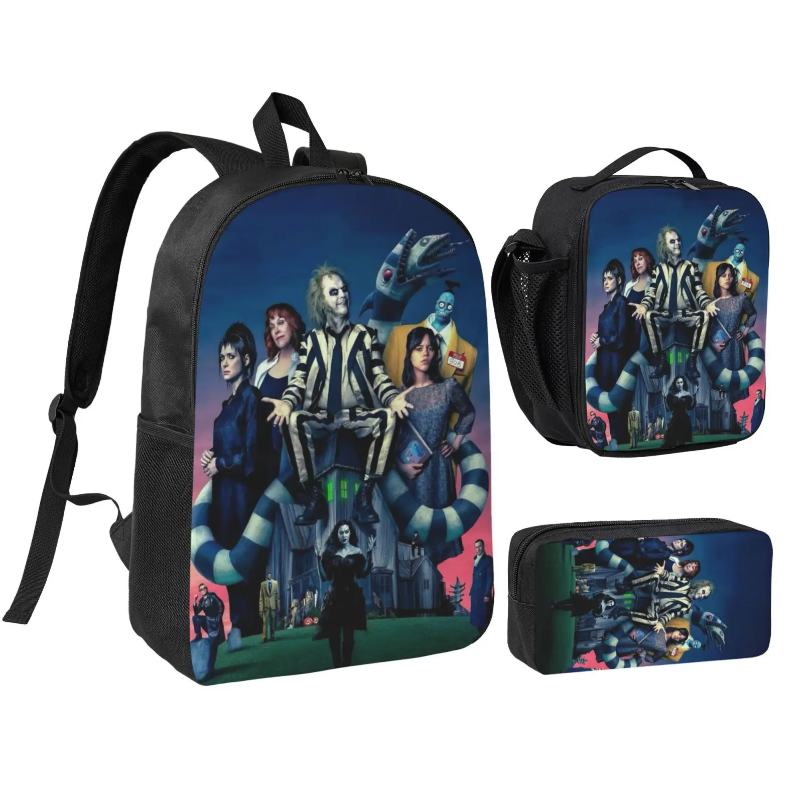 Anime Beetlejuice1 backpack with lunch bag pencil box for Teen Girls Boys, 3pcs kids school bag with adjustable straps, office travel bag Bookbag lunchbox
