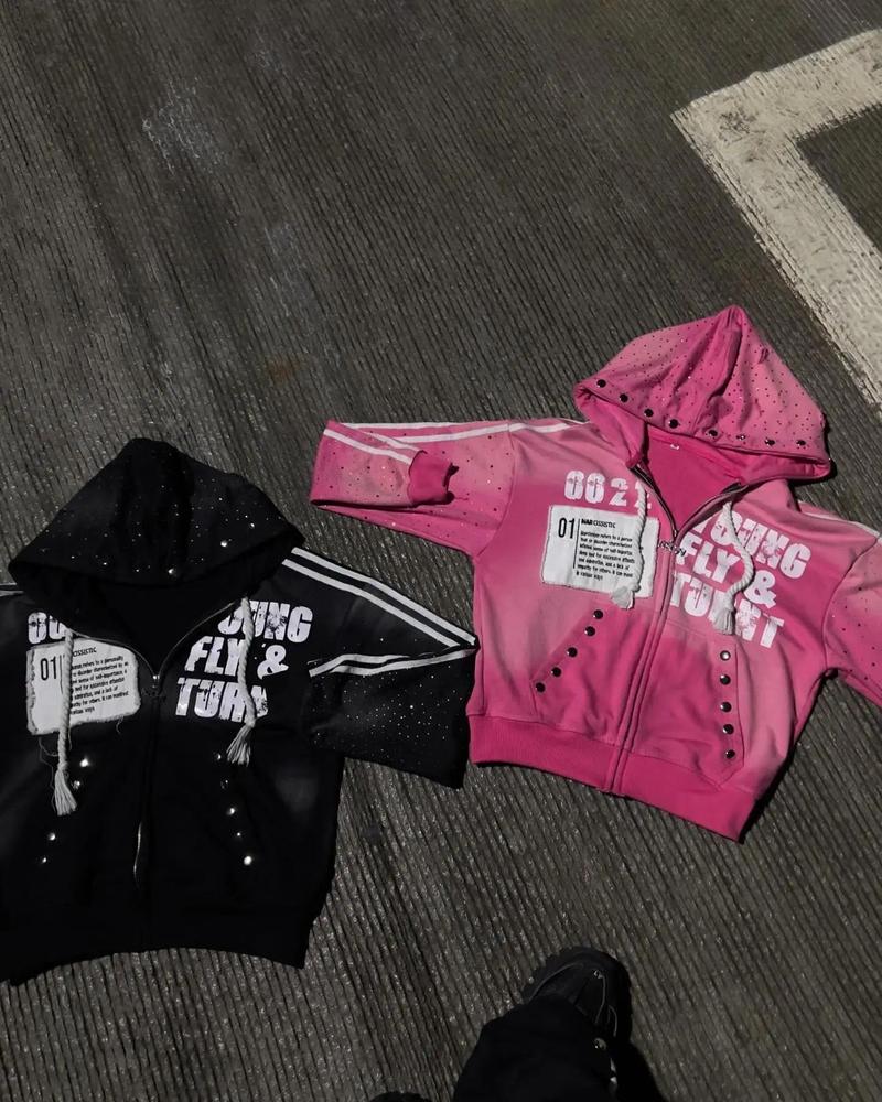 Men's Hoodies America Vintage Sequins Rhinestone Embroidery Zipper Hoodie Men Women Punk Gothic Stripe Patchwork Trendy Sweatshirt