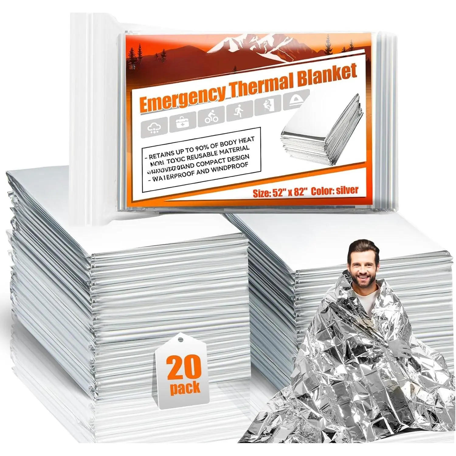 5-Pack Mylar Thermal Space Blankets, Windproof Weather Resistant Emergency Supply for Hiking Survival Supplies