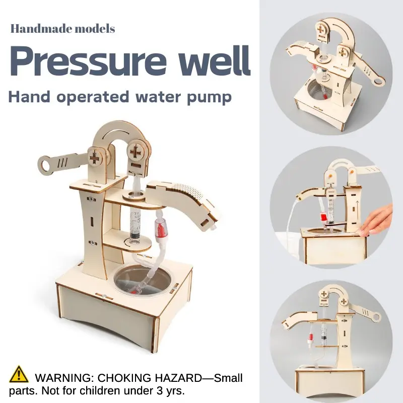 Handmade Wooden DIY Model, Teaching Experiment Tool, Hand Pump for Atmospheric Pressure Principle, Fun Gift for Teachers and Parents