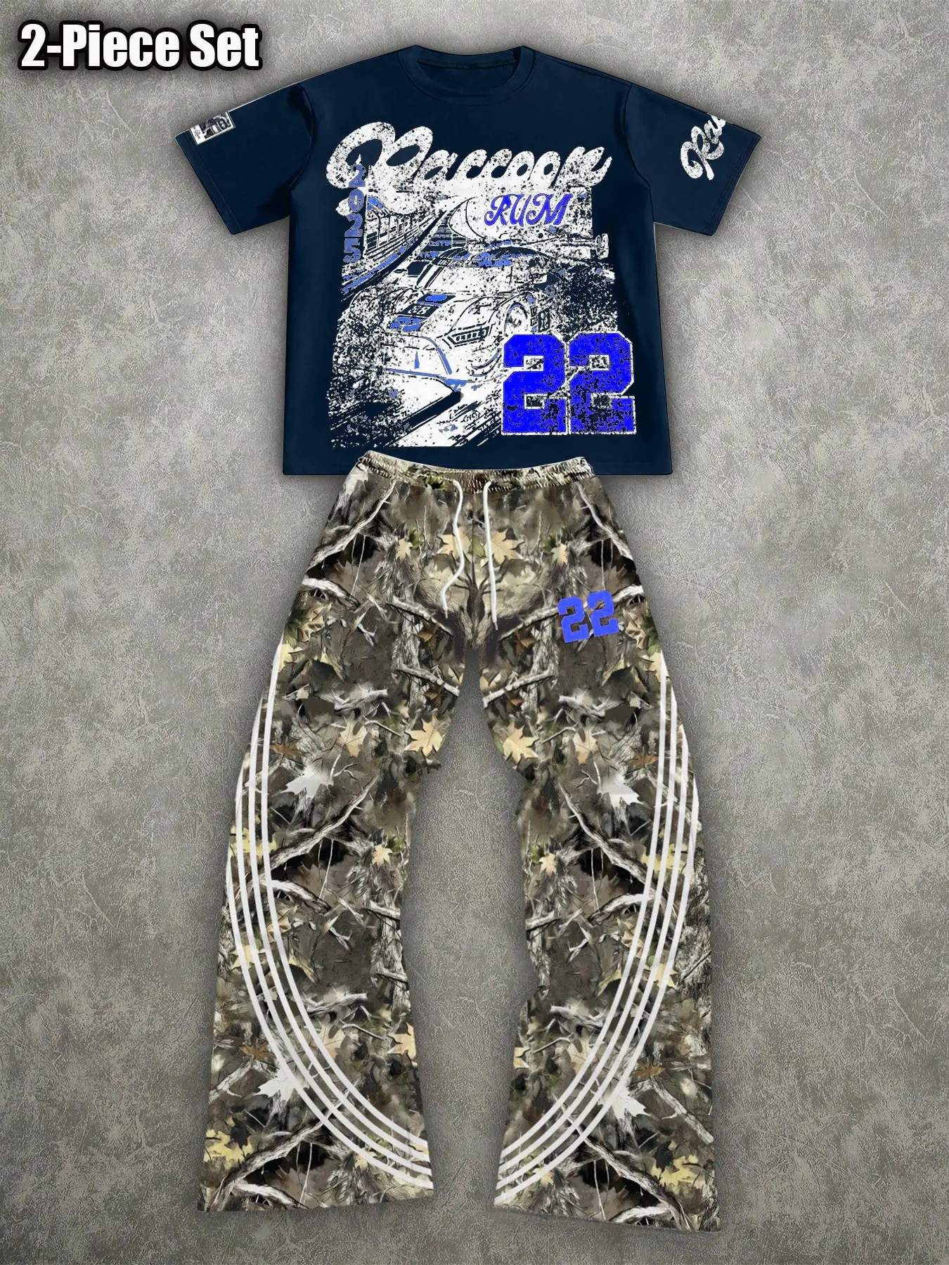 Men's Summer Two-Piece Set, American Retro Racing Theme Street Style, Short Sleeve T-Shirt + Camo Wide Leg Pants, Casual Fashion Loose Fit