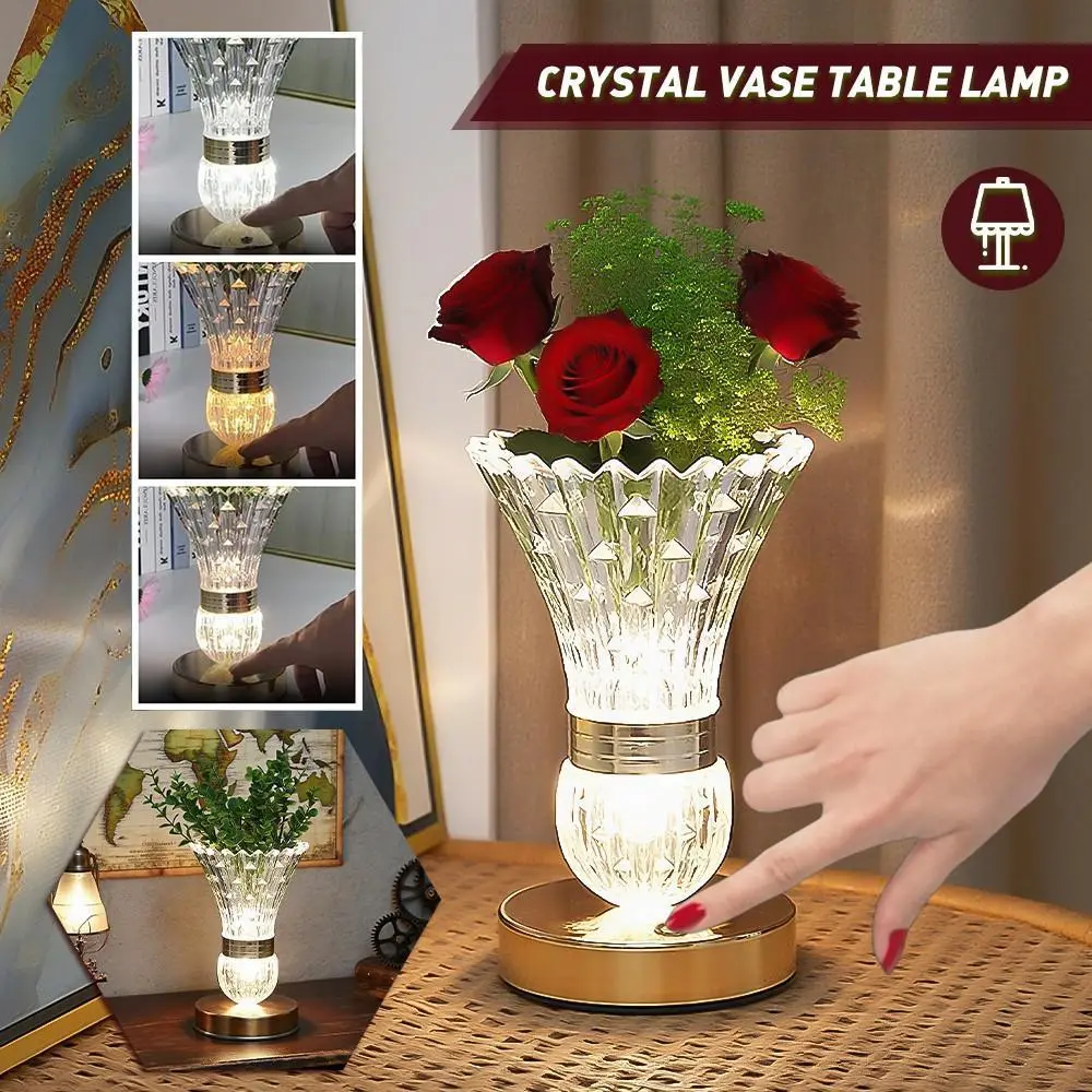 Modern Crystal Vase Table Lamp - 3-Color Adjustable LED Bedside Light, Luxurious Feather Ball Design, Touch Control Switch, USB Charging, for Party, Christmas Home Bedroom Decor Led Lights