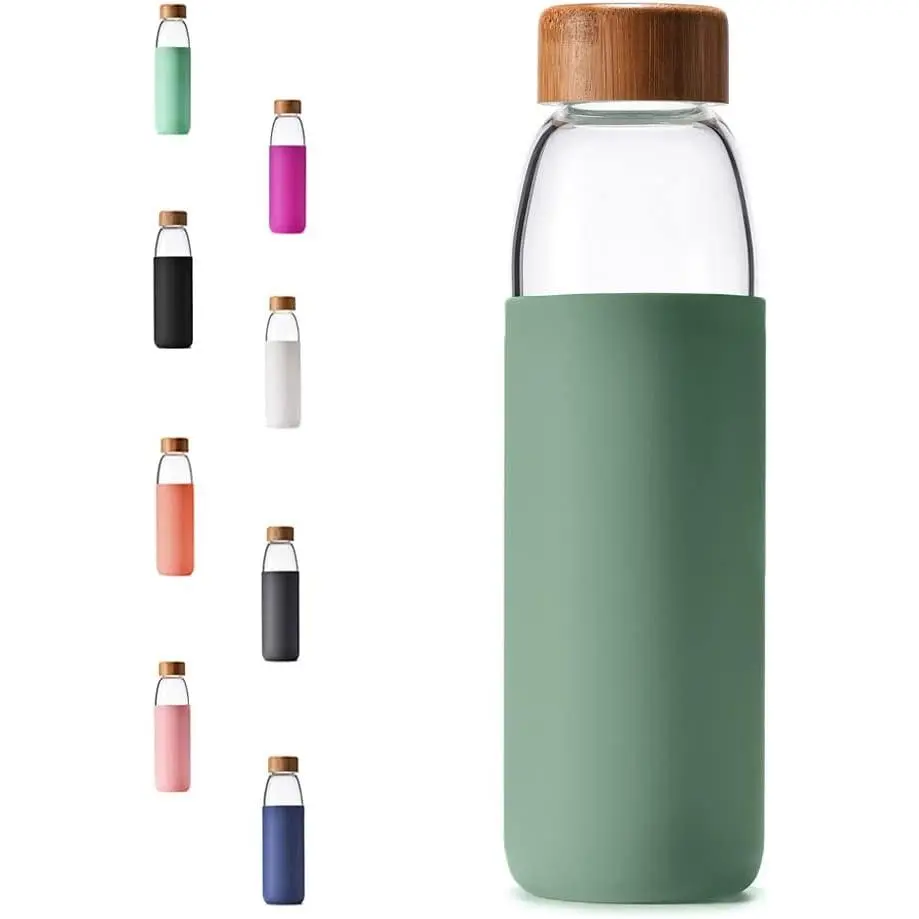 25 Oz Borosilicate Glass Water Bottles with Bamboo Lid, BPA-FREE, Non-Slip Silicone Sleeve, and Stainless Steel Leak Proof Lid - Reusable Glass Bottle for Men and Women