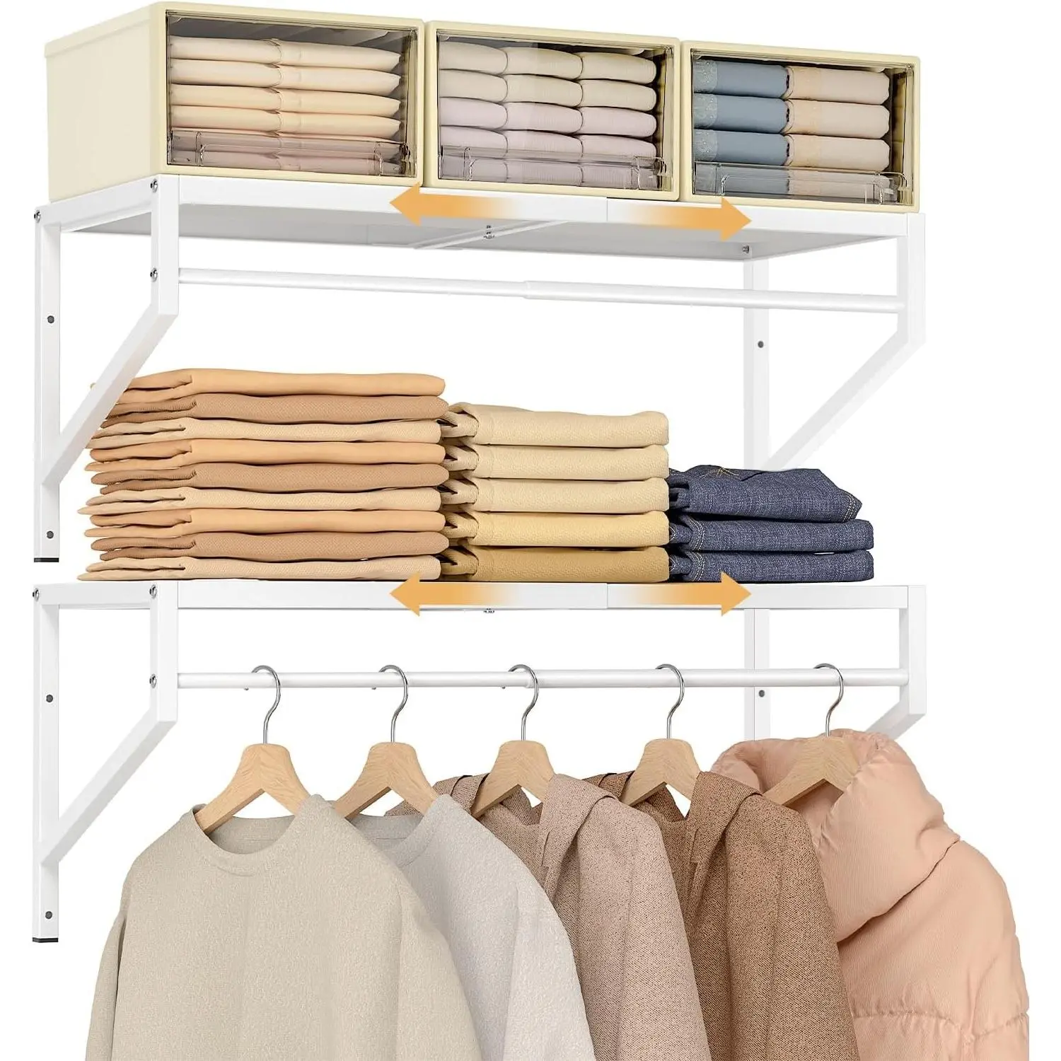 Expandable Closet Shelves Wall Mounted, 2 Pack Closet Shelving with Hanging Rods, Wall Shelving for Walk-in Closet, Hanging Shelves Organizer and Storage for Closet, Laundry