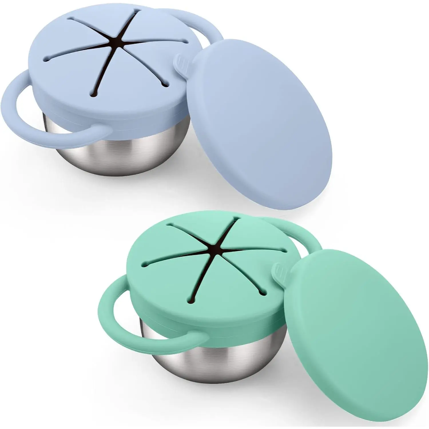 2 Pack Stainless Steel Toddler Snack Cups - 9 OZ Spill-Proof Baby Snack Containers with Silicone Catcher and Lid Travel Snack Containers for Kids Food Grade Silicone Dishwasher Safe