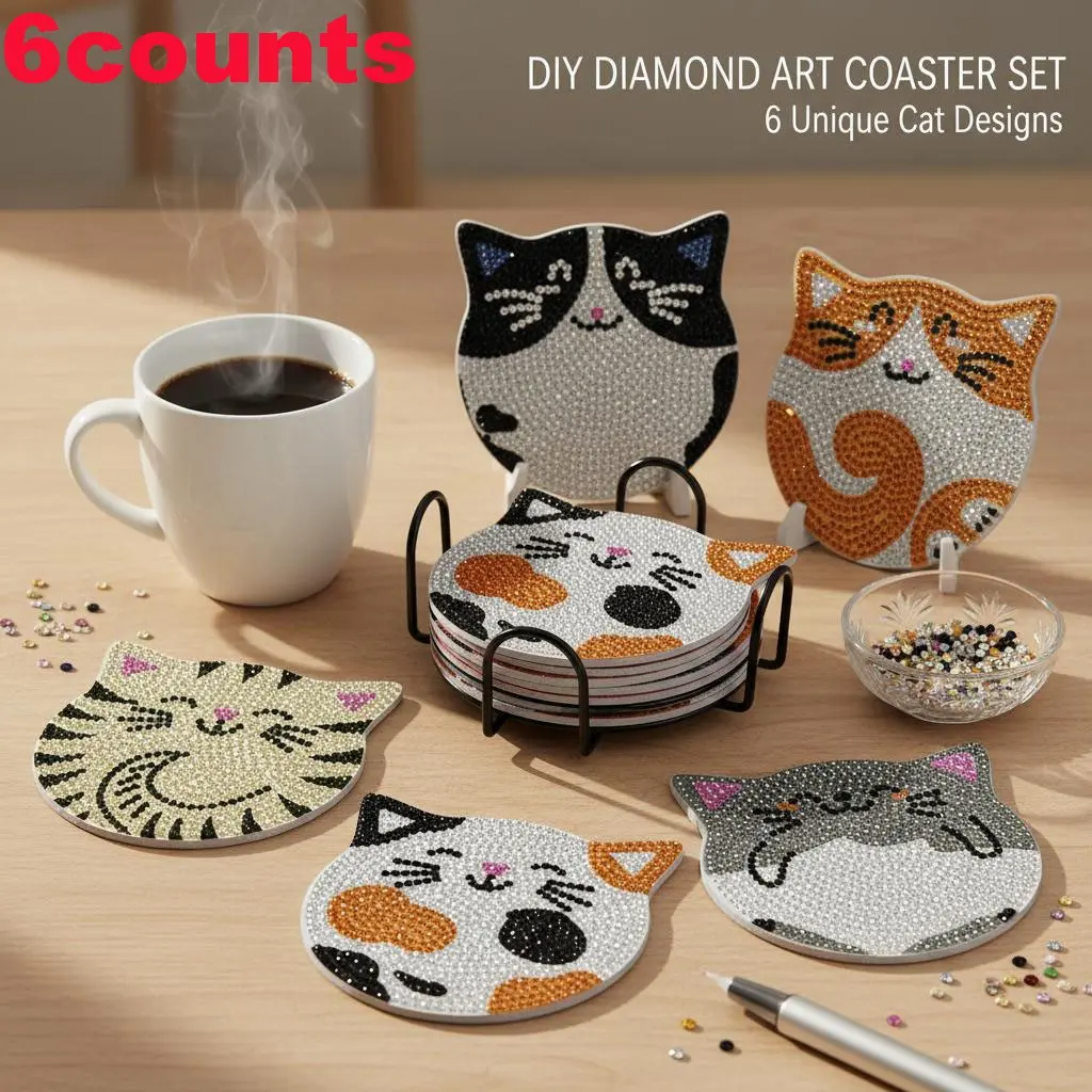 Six-Piece Cute Diamond Small Cat Coaster Set with DIY Multicolor Acrylic Cat Patterns for Coffee and Tea, Non-Slip Easy to Clean, Cat Lover Home Decor Gift Set, Drink Coasters