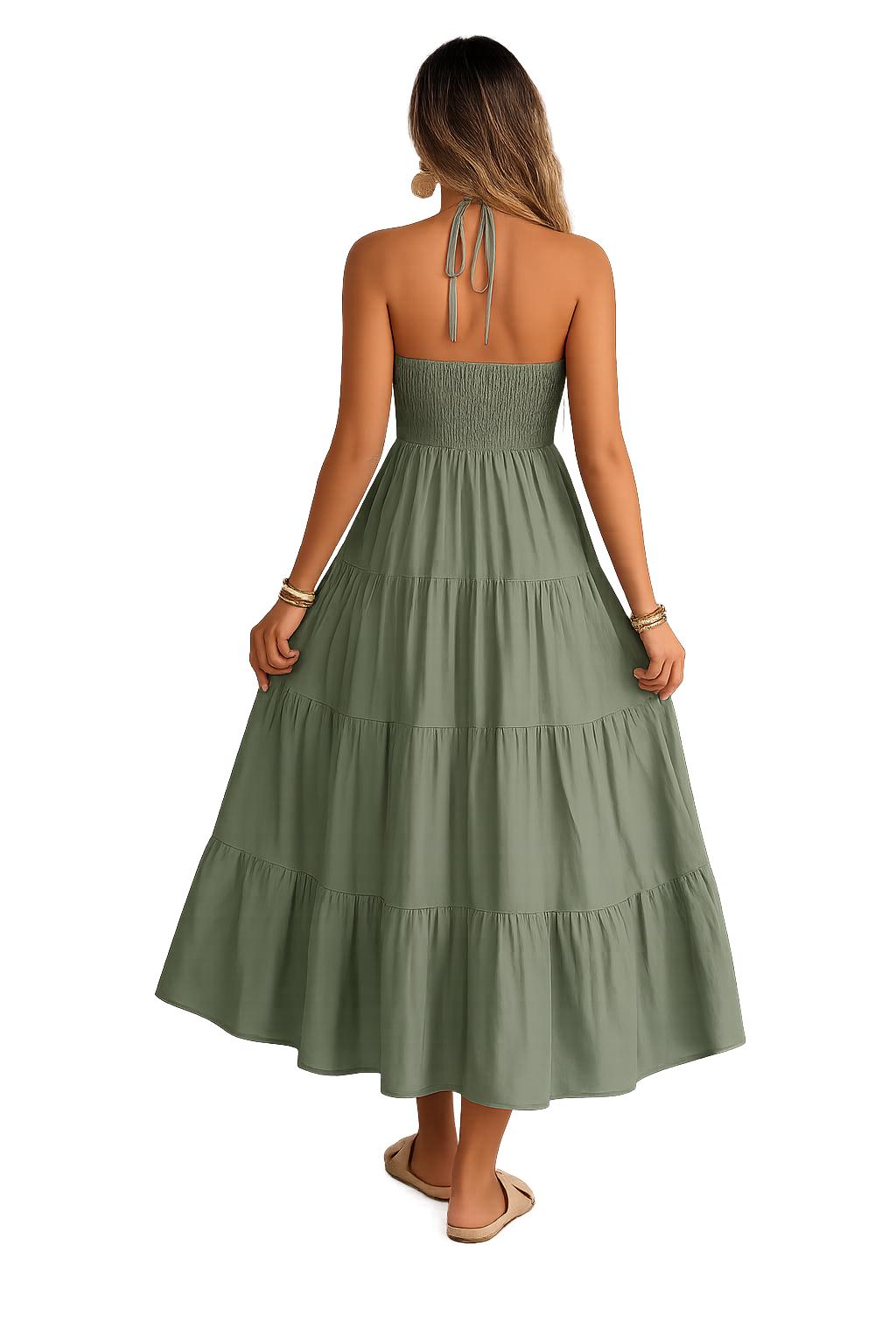 2026 Spring-Summer Solid Color Halter Beachwear Loose Long Dress Fashion Backless Pleated Dress