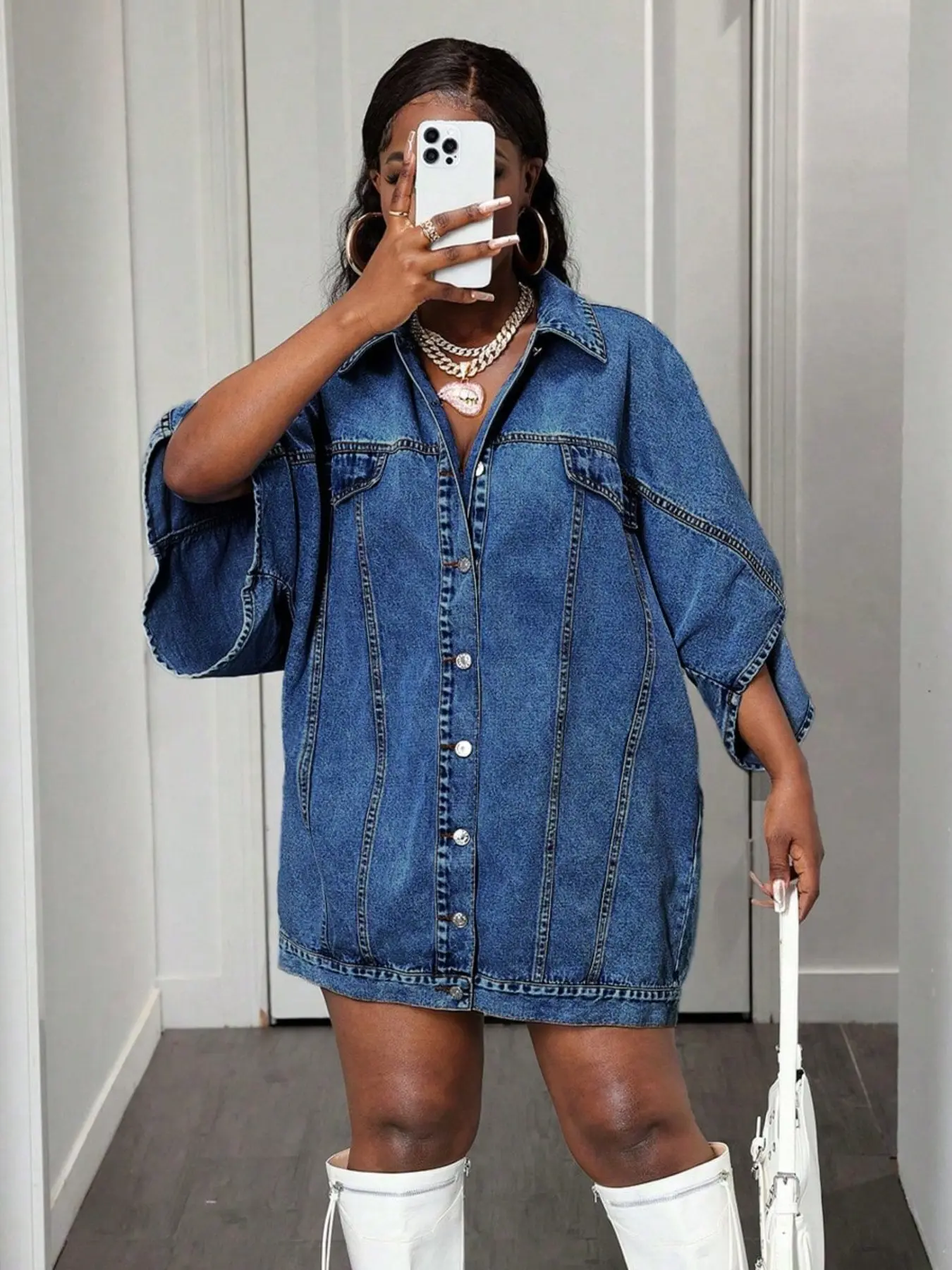 High Street Wide Neck Sleeveless Denim Drop Shoulder Dress, Symmetrical Loose Straight Tube Hiding Hip Washed Workwear Denim Dress