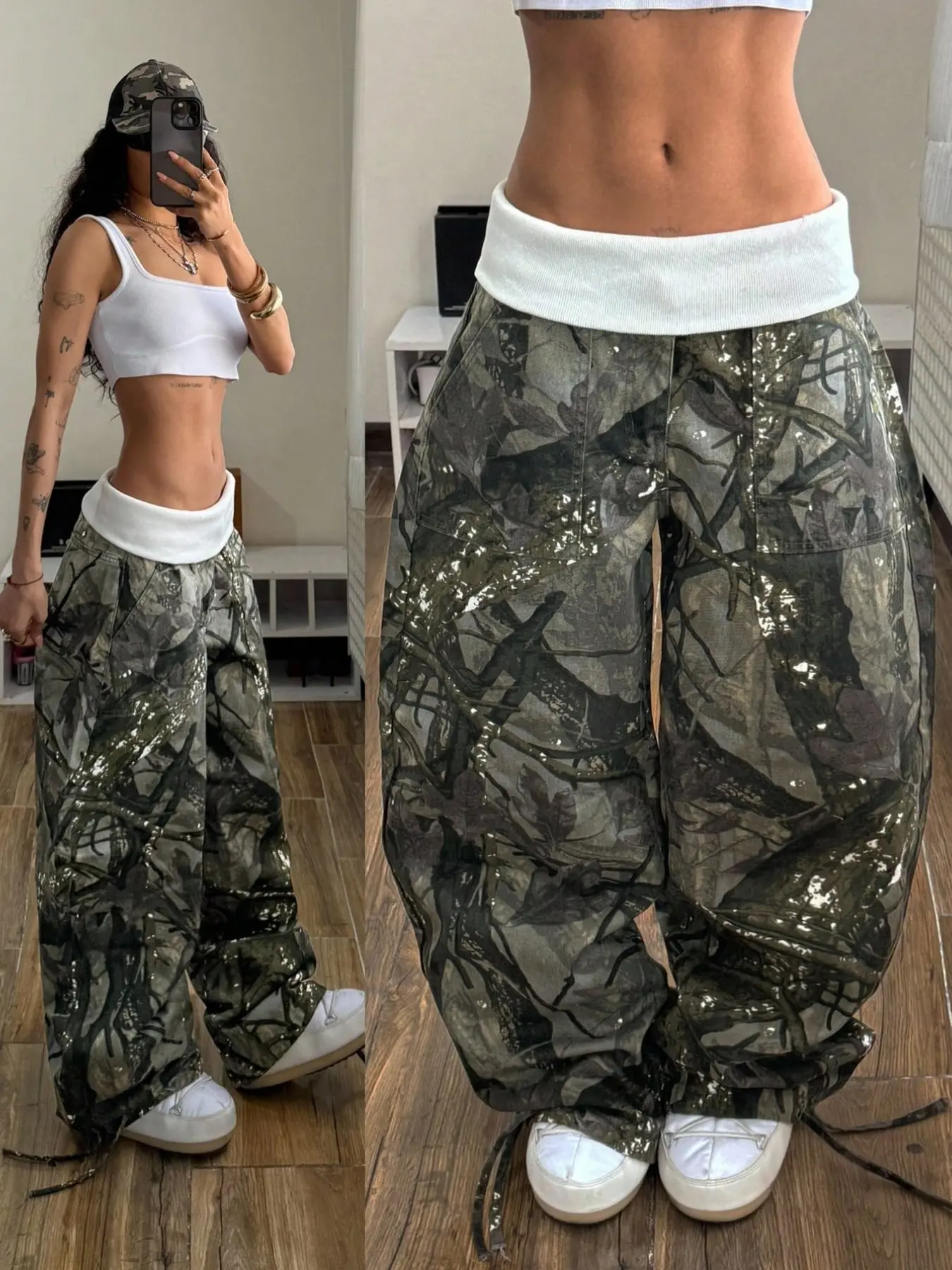 Tall Retro Vintage Aesthetic Bark Texture Parachute Work Pants, Low Waist Patchwork Folded Waist Loose Long Pants, Ideal Choice for Trendy Girls Bottoms