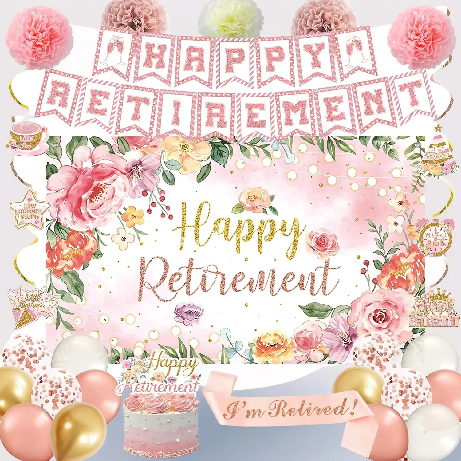 Holkcog Retirement Party Decorations for Women, Pink I’m Retired |   Floral Happy Retirement Backdrop Banner with Balloons Sash Cake Topper Pom Poms, Retiree Farewell Going Away Party Supplies