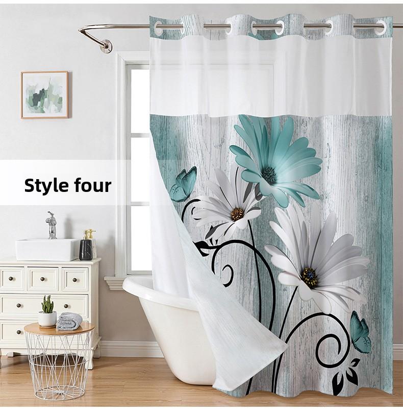 3D Digital Printing Blue Daisy Double Layer Shower Curtain Polyester Waterproof and Mildew Proof Bathroom Partition Curtain