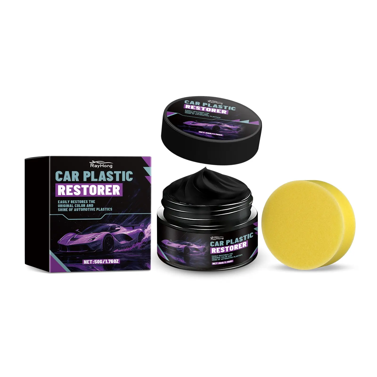 Car Plastic Renewal Care Cream 50g, Car Trim Repair Maintenance Gel with Sponge, Anti-UV Waterproof Aging Protection, Auto Exterior Rubber Plastic Care