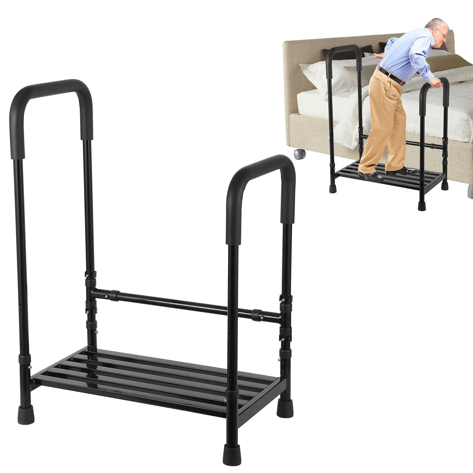 Heavy Duty Step Stool with Dual Handles, 450lbs Capacity Non-Slip Step for Seniors, Adjustable Handrail Bedside Shower Step, Portable Metal Frame for Home RV Bathroom Kitchen Post-Surgery