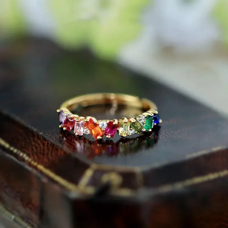DOUX Gold-Tone Rainbow Crystal Open Adjustable Ring