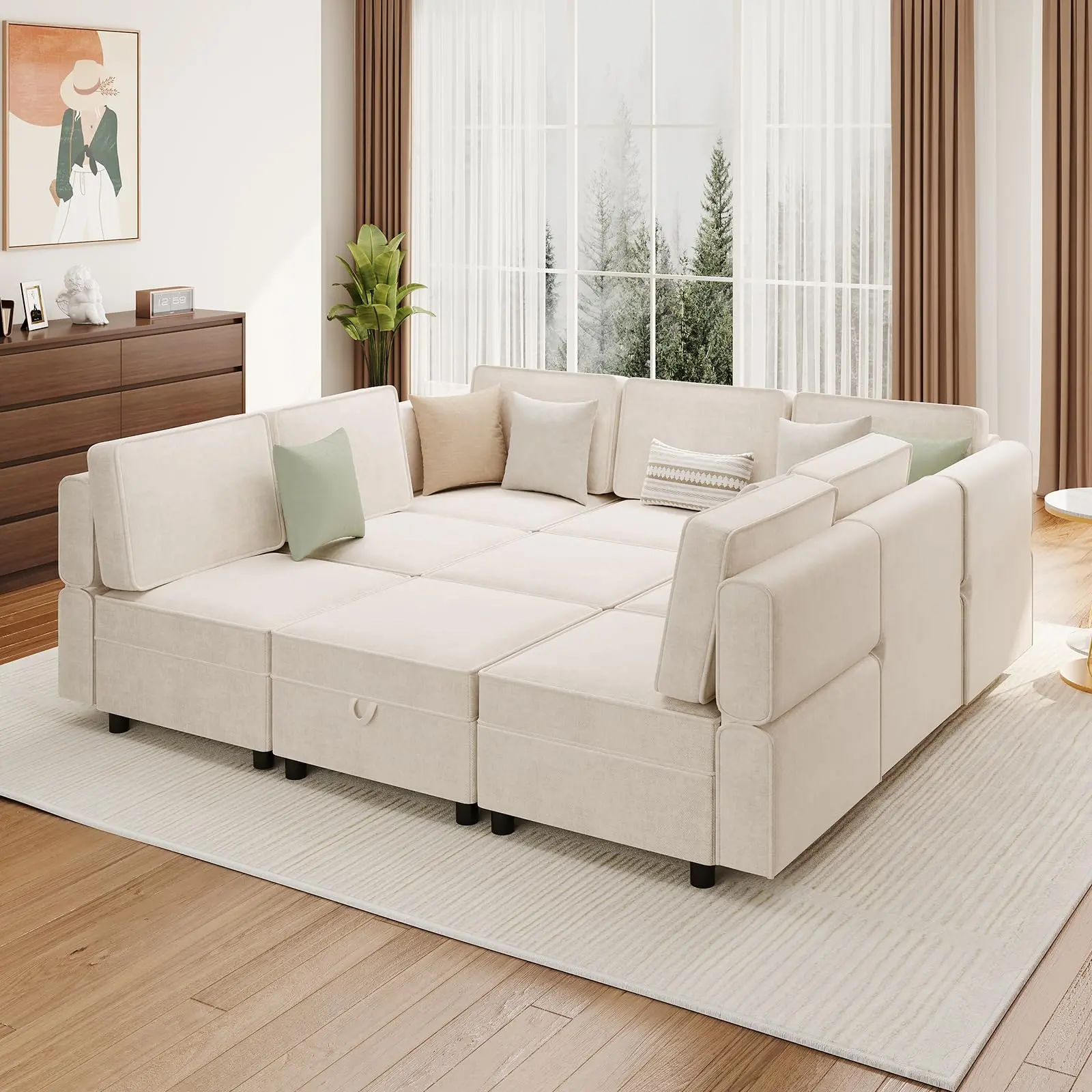 GAOMON 9-Seater Modular Sectional Sleeper Sofa, Chenille Convertible Sofa Bed with Storage Ottoman, Ideal for Living Room and Bedroom