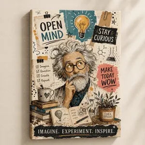 "Open Mind Einstein-Inspired Collage" Canvas Wall Art, Whimsical "Stay Curious" & Lab Print, Aesthetic Living Room Bedroom Decor, Educational Modern Statement Poster Gift,wall decor,poster.