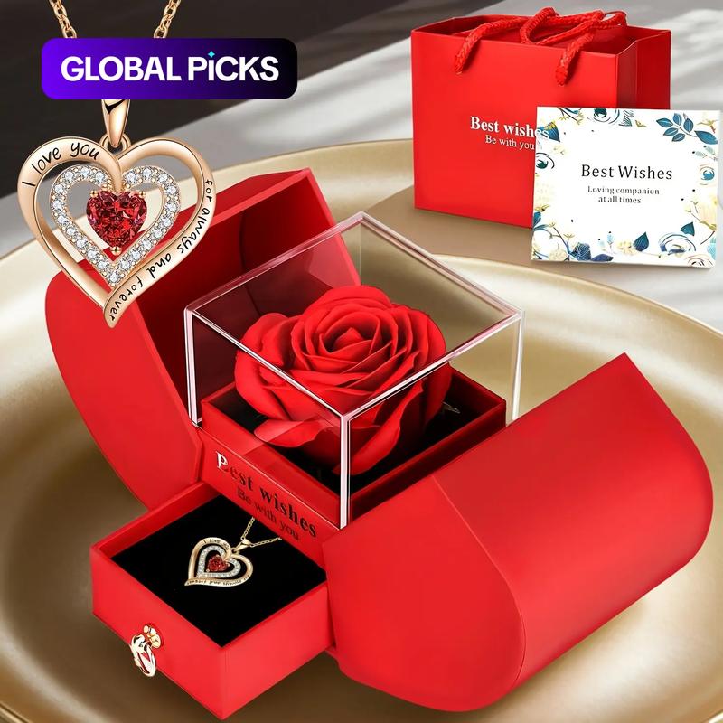 Rose Party Gift Box with Love Heart Necklace, 1 Set Romantic Rose Gift Box with “I Love You” Jewelry Necklace, Gift for Mom, Wife or Girlfriend, Birthday Gift