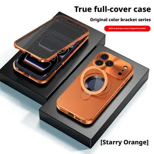 New Release Original Phone Matching Color Full Wrap Metal Protective Case, Anti-Spy Privacy Double HD Tempered Glass Cover with Snap Buckle, Exposed Logo Cutout & Built-In Magnetic Kickstand, MagSafe Wireless Charging Compatible Shockproof Smartphone