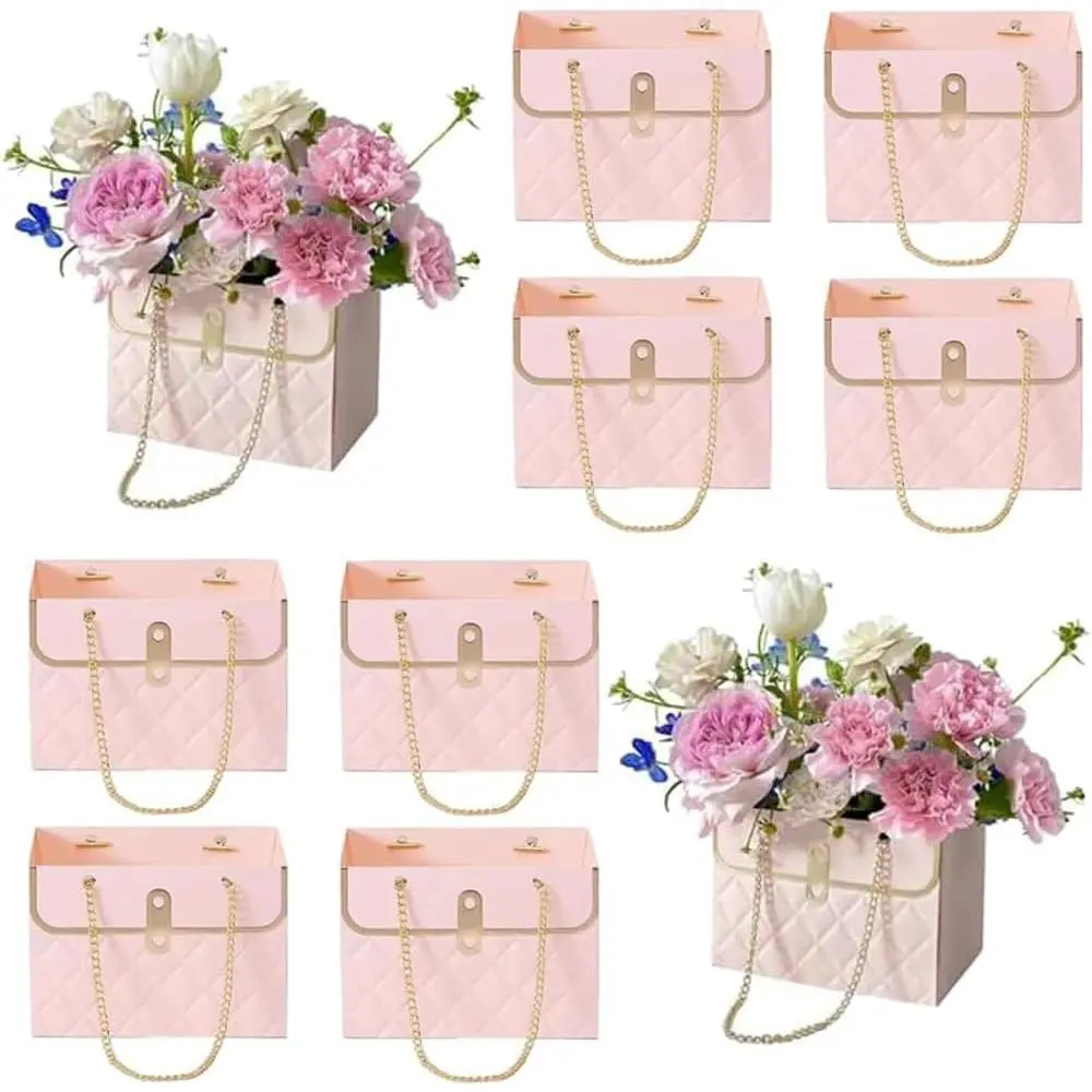 8 count Flower Paper  Bag, Bouquet Storage Bucket Florist Handbag with Metal Chain,  Craft Wrap Bag for Wedding Party Valentine's Day Birthday Mother's Day Bridal Shower  Wrap Bags ()