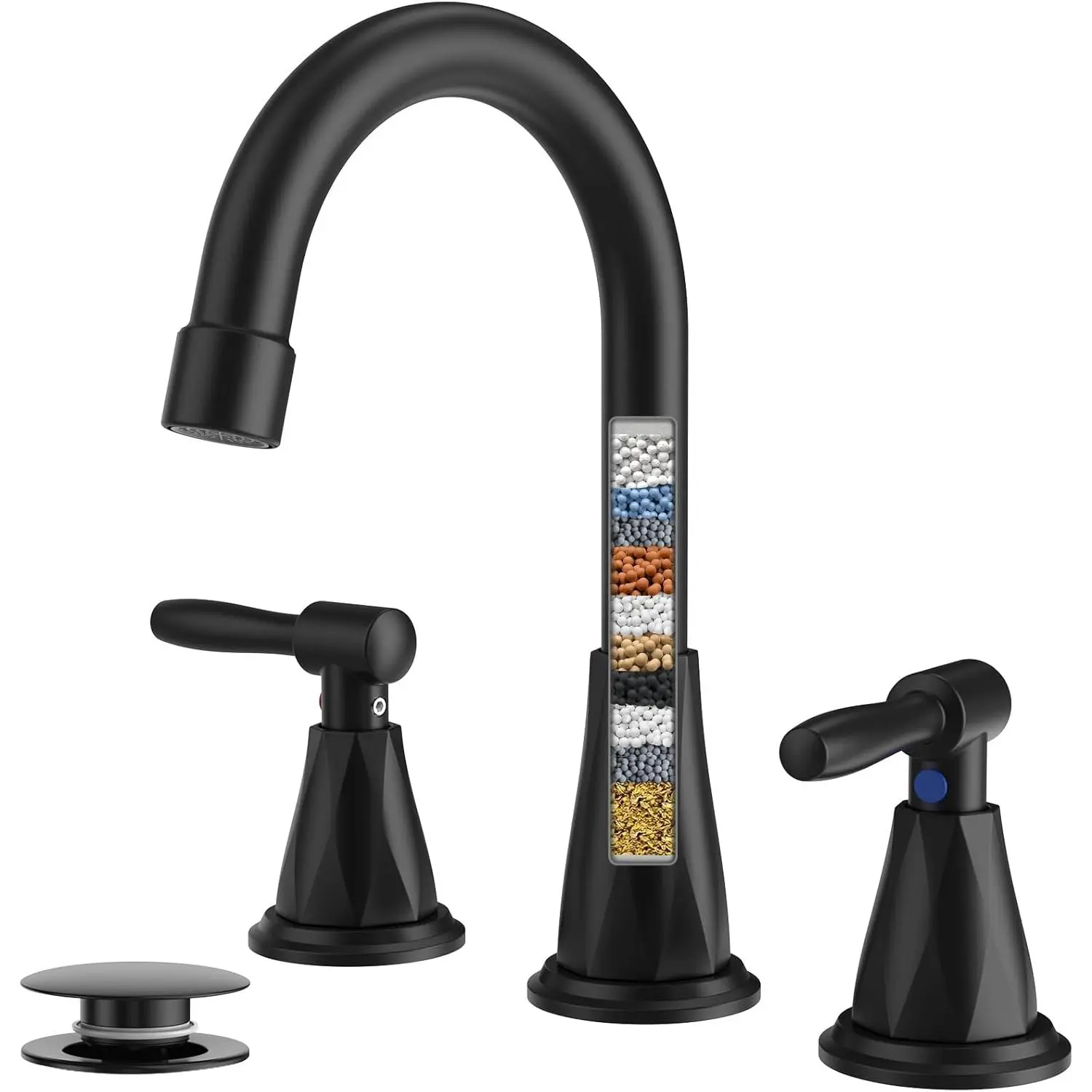 FEELSO Filter-Built-in Bathroom Faucet Set, Widespread Black 3-Hole 2-Handle Vanity Faucet with Pop-up Drain Assembly