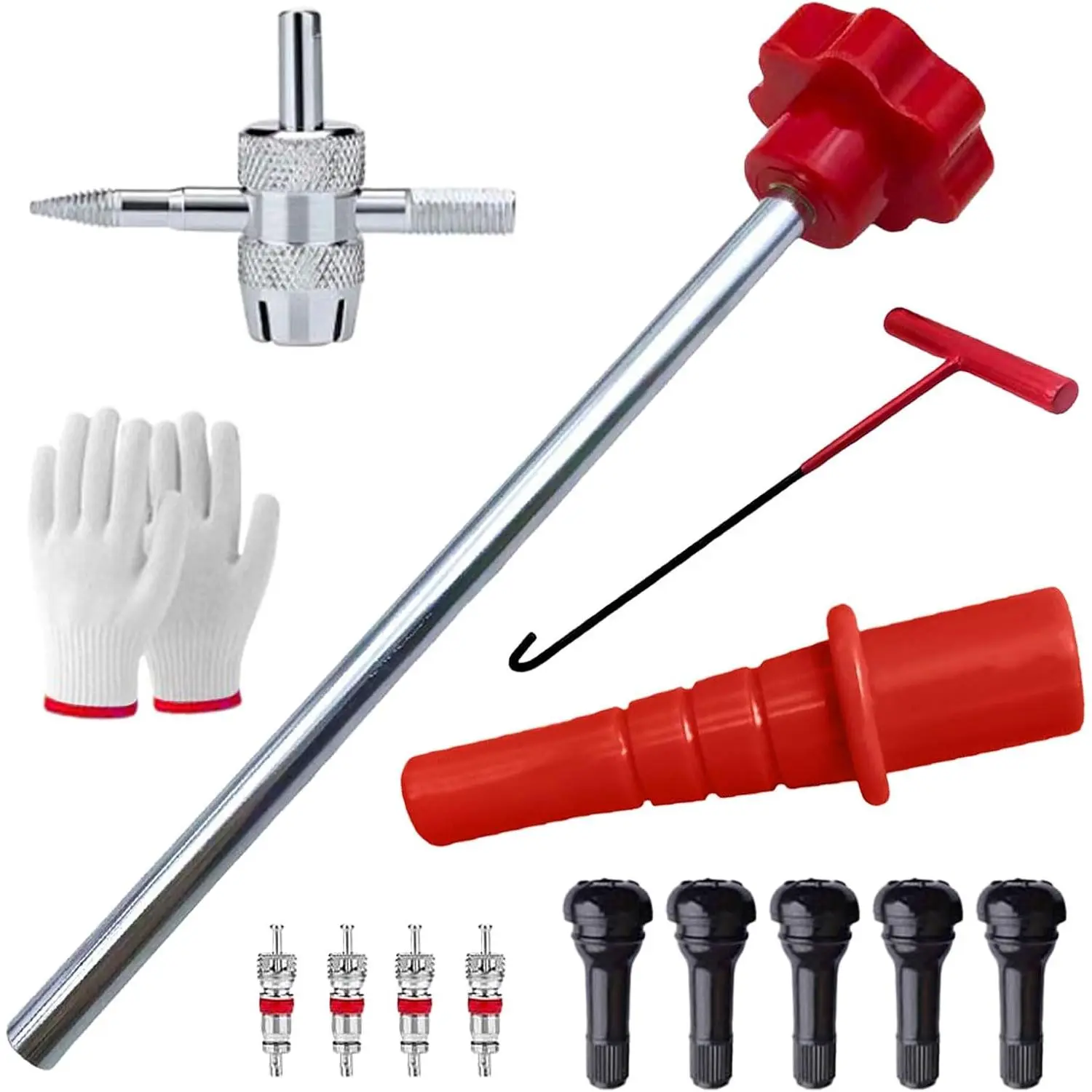 Quick Change Car Tire Valve Tool Kit, Tire Valve Stem Core Remover with 5 TR413 Valves & 4-Way Valve Tool, Quickly Replacement Tools Replacing Leaky Valves on Car Truck Motorcycle (Red)