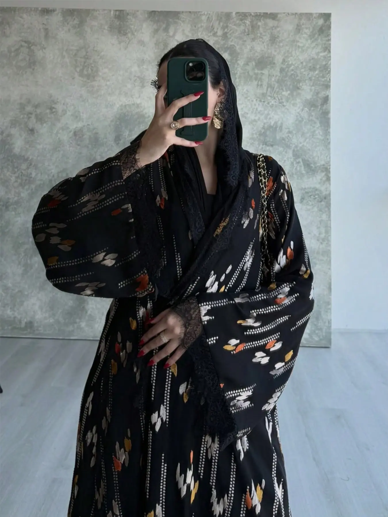 Hafizah Colorful Leaf Polka Dot Lace Long Cardigan with Scarf Set, Loose-Fitting Outerwear for All Seasons, Casual Women's Fashion