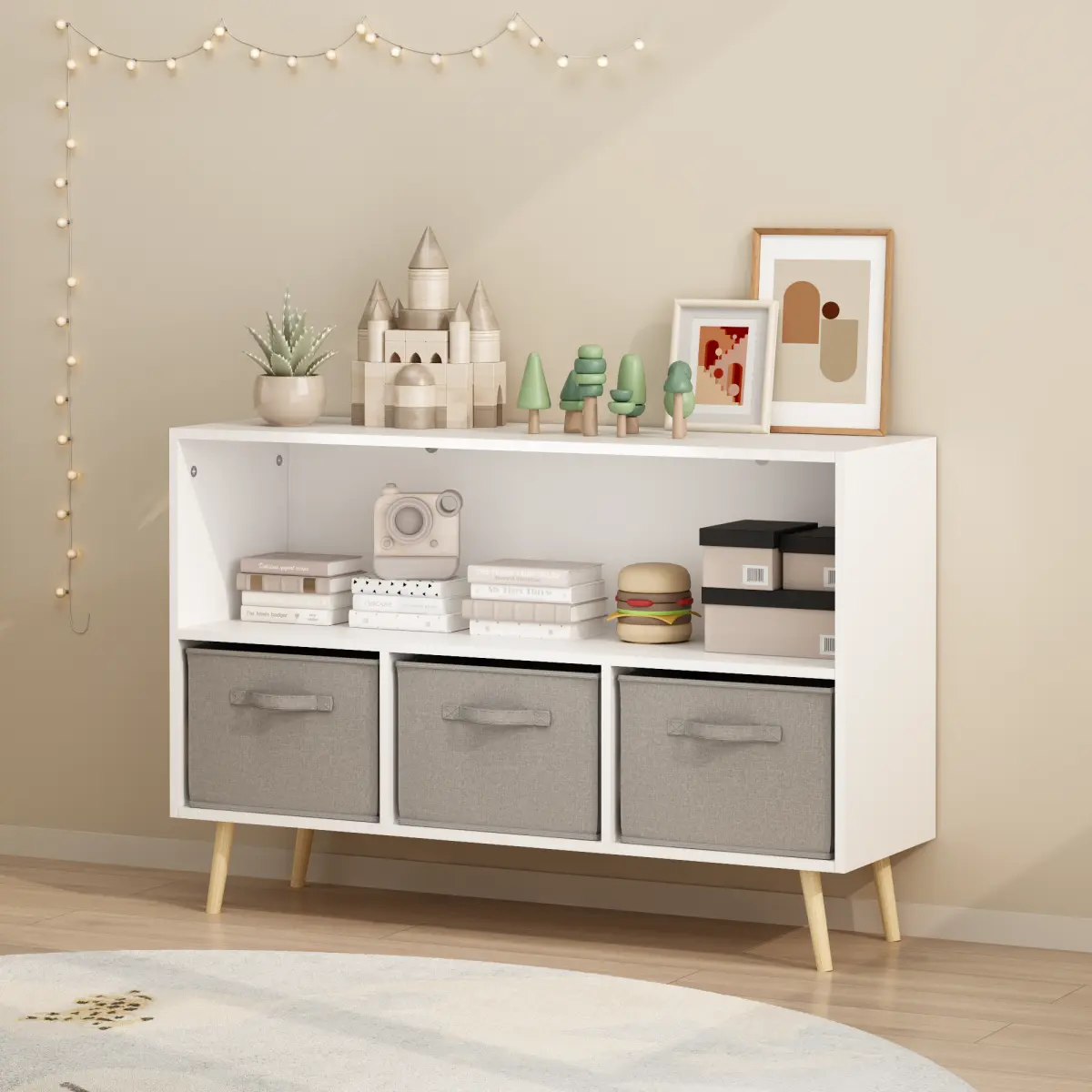 Modern Freestanding Low Book Storage Cabinet, Open Display Shelf with 3 Fabric Drawers, White Media Cabinet with Natural Pine Legs