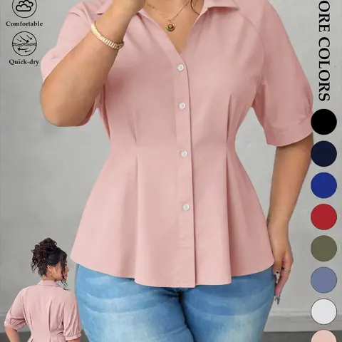 Women's Plus Size Tummy Control Peplum Blouse, Short Puff Sleeve V-Neck Button Down, Cinched Waist Pleated Design, Solid Black, Elegant Office Workwear, Flattering Fit for Daily & Business Casual, Button Down Blouses