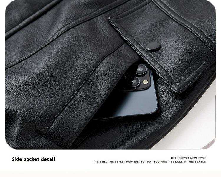 BIGWIG men's autumn and winter casual faux leather bomber jacket, fashionable modern motorcycle flight jacket, casual loose soft motorcycle jacket, lapel button zipper long sleeve with pocket jacket, PU leather