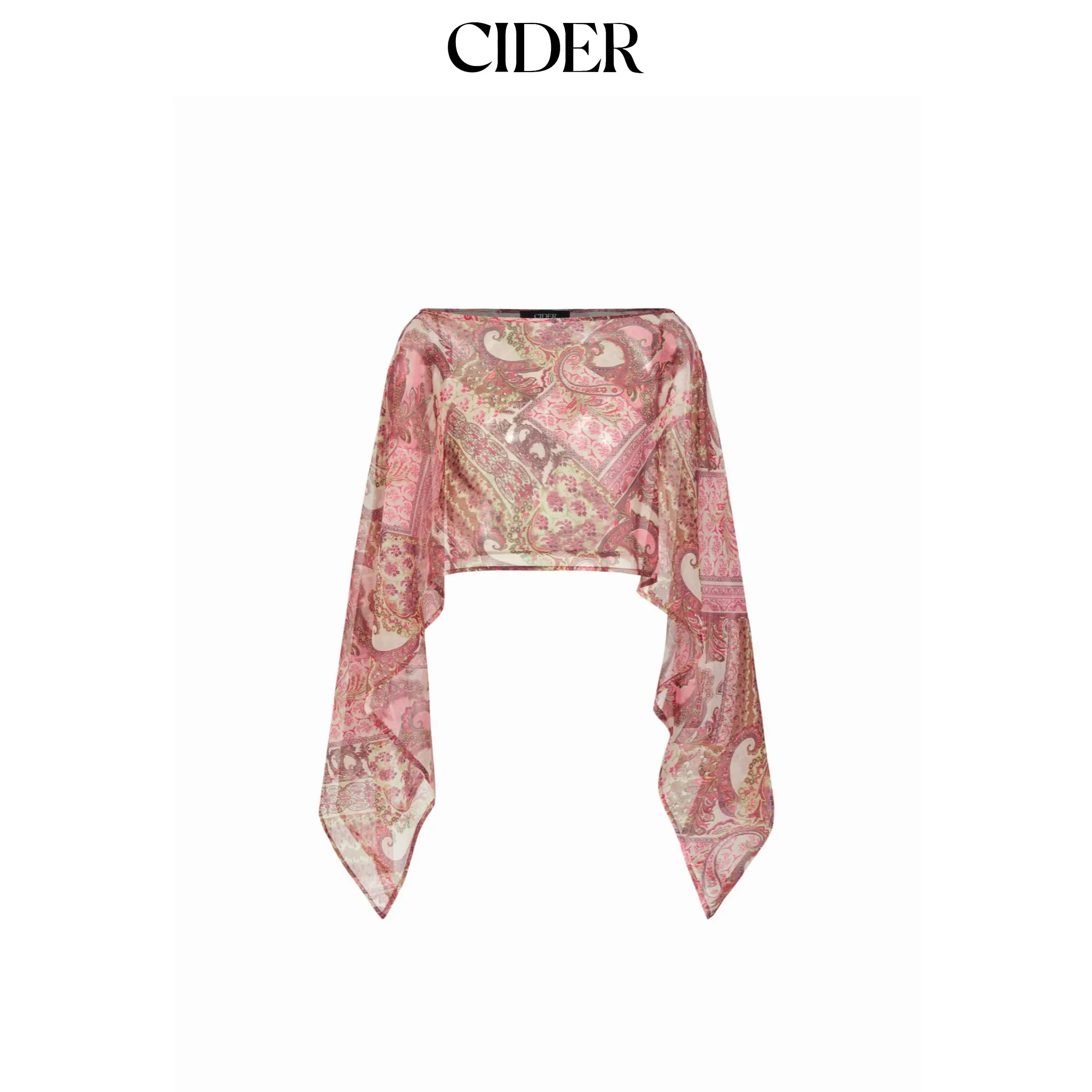Cider Chiffon Paisley Graphic Boat Neck Oversized Cape Top