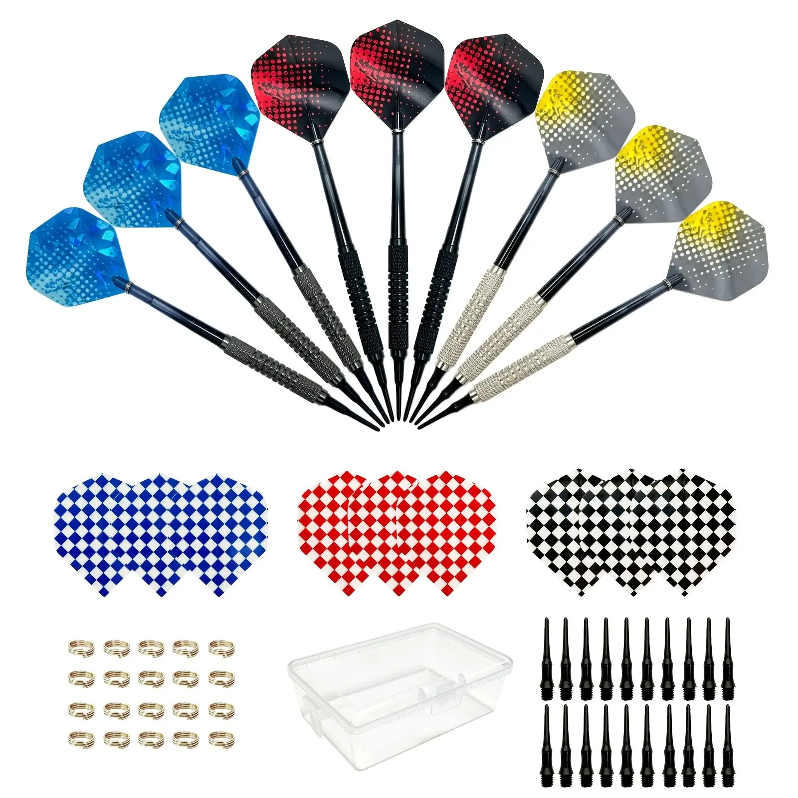 Soft Tip Darts Set 9 Pack, 14g Professional Plastic Tips, 6 Styles Pet Flights, 20 Replacement Points, 20 O-Rings, Storage Case, Indoor Game Darts