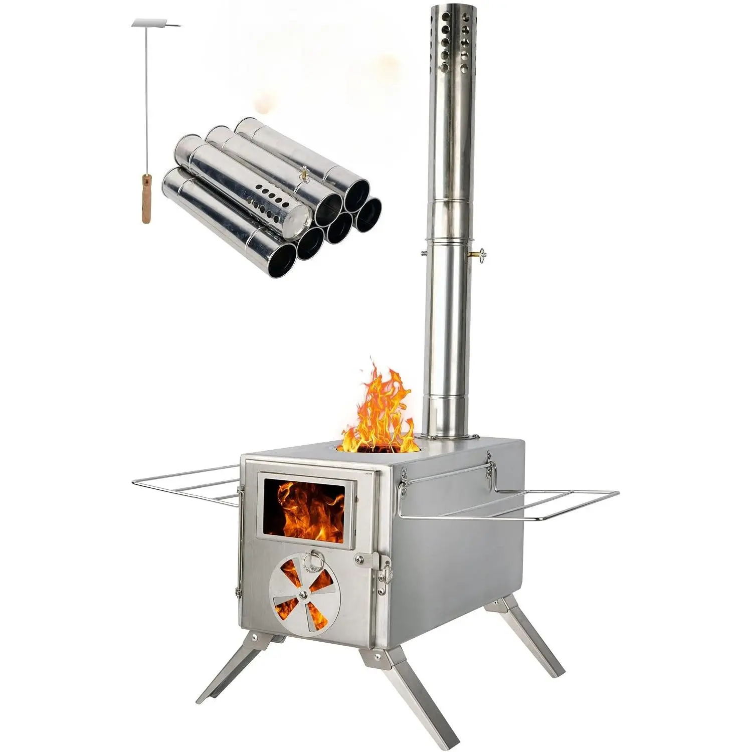 Outdoor wood stove; Camping stove suitable for hot tents, 304 stainless steel wood burning stove with 6 stainless steel chimney pipes, suitable for tents, shelters outdoor portable stoves, suitable for camping heating, boiling water and cooking.