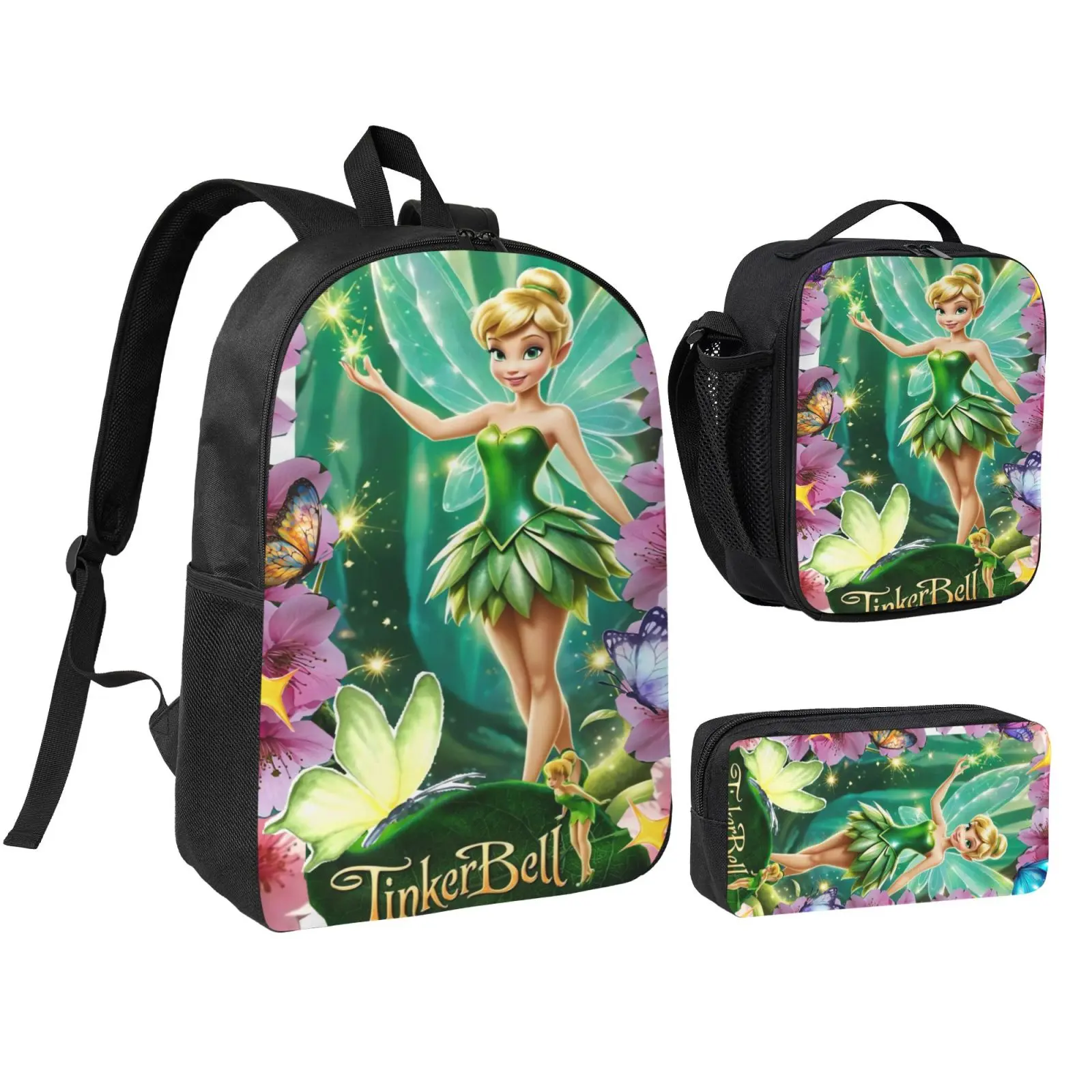 Unisex Tinkerbell2 3Pcs Backpack for Teen Girls Boys, School Bookbag with Lunchbox Pecil box, Anime backpack with adjustable straps, office travel bag Bookbag
