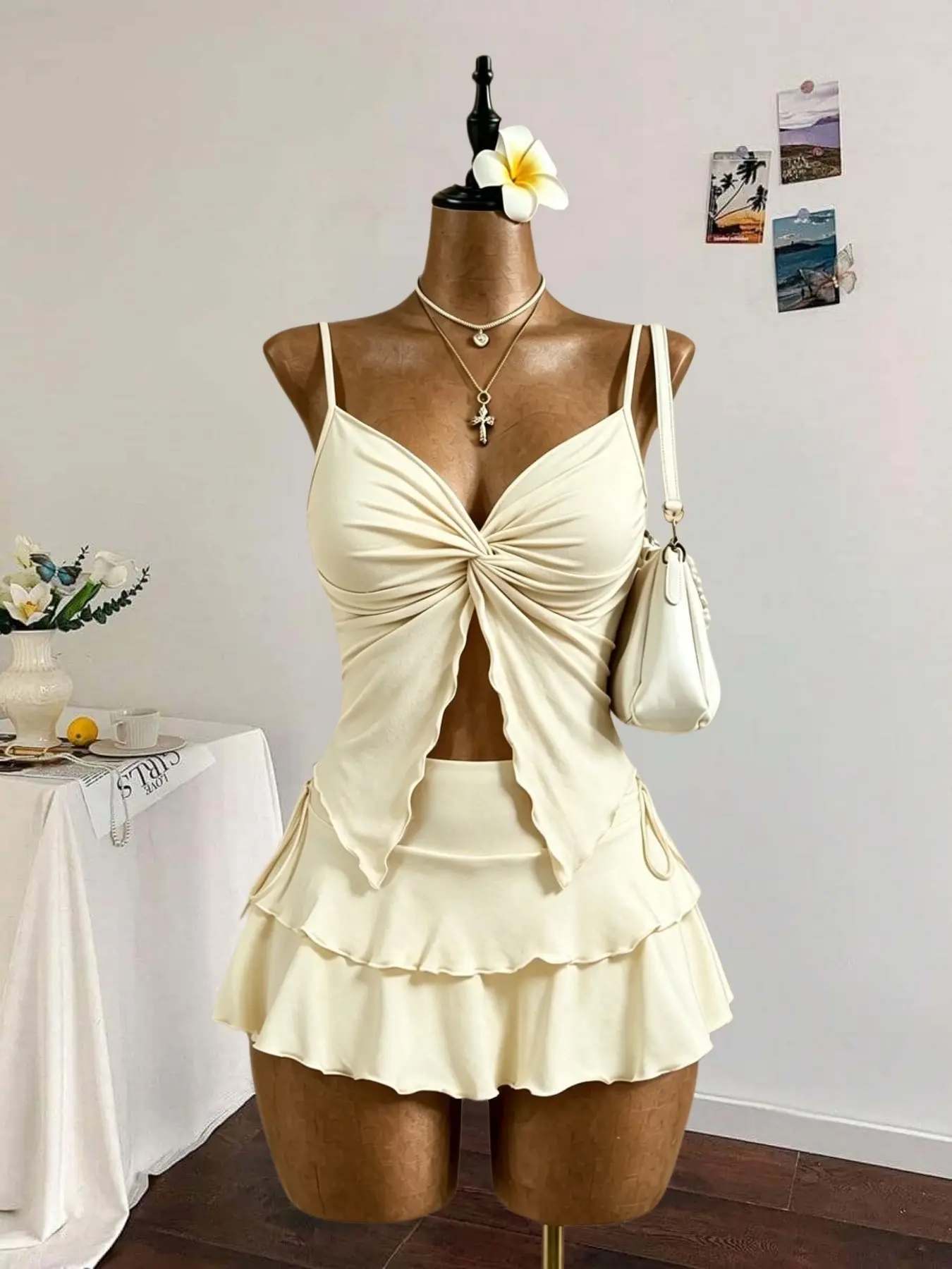 Summer Women's Knot V-Neck Ruched Halter Top + Double Layer Lace Short Skirt Set, Beach, Slim Fit, Fashionable, Casual