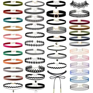 Womens Chokers Gothic Collar Lace Velvet Chocker Pendant Necklaces Set for Teen Women Girls